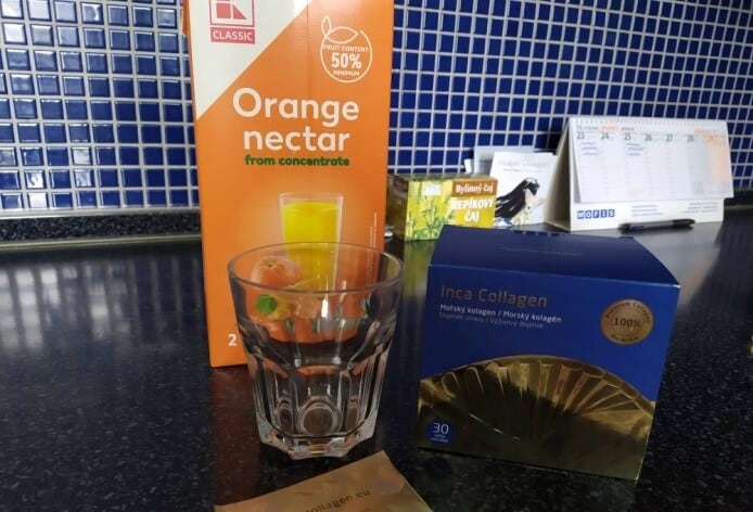 balenie Inca collagen, pohár na Inca Collagen, pomarančový džús